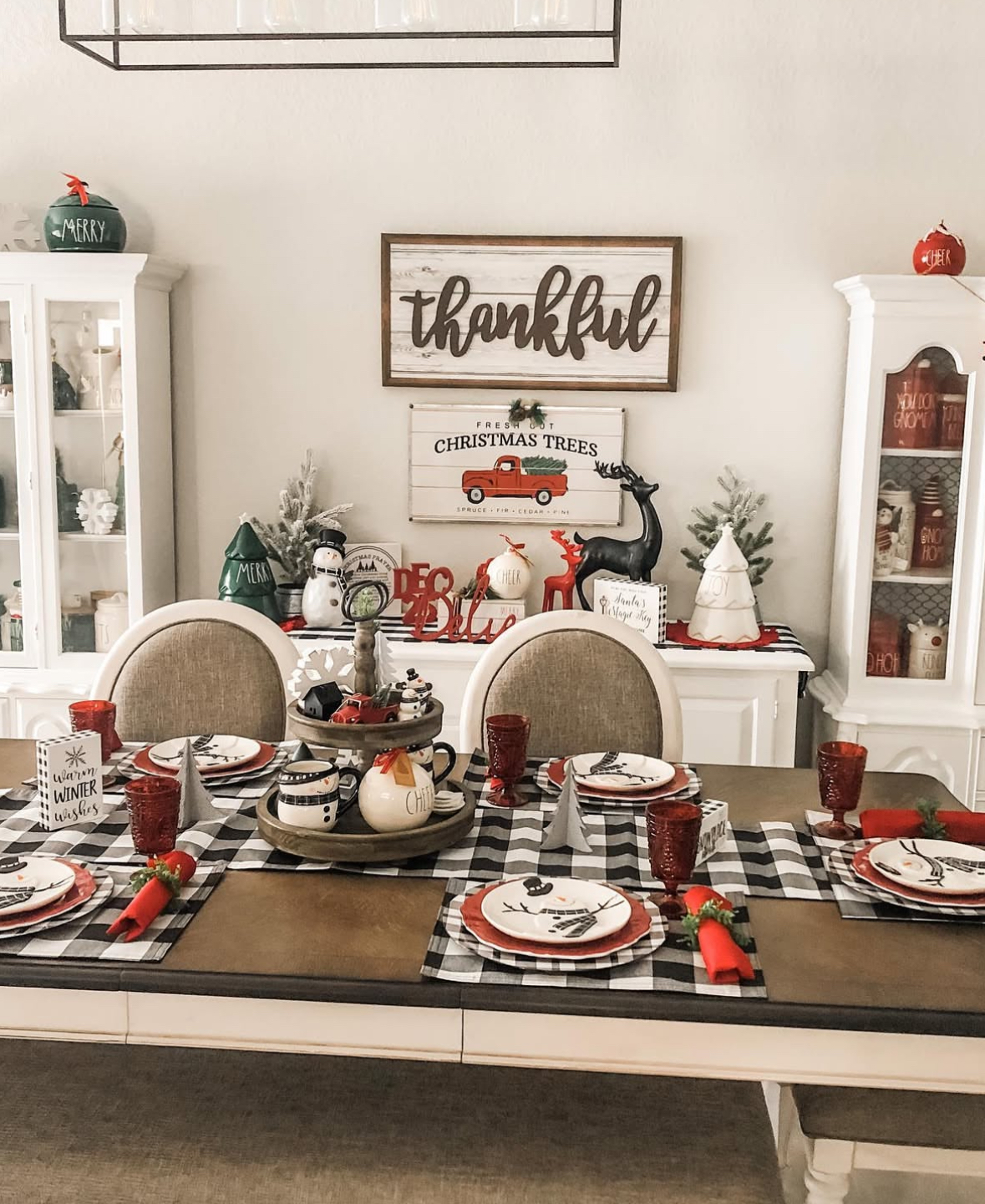 Dining table with black-and-white buffalo-check placemats, red glassware, whimsical holiday plates, and a tiered tray of snowman mugs; “thankful” sign on the wall.