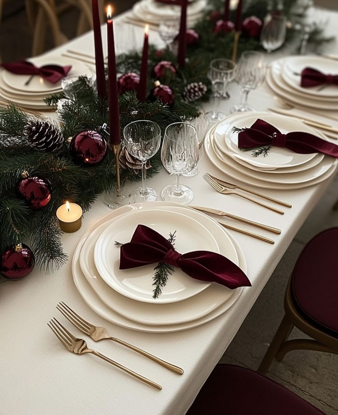 Elegant white place settings with burgundy velvet bow napkins, gold flatware, and a lush evergreen garland with ornaments.