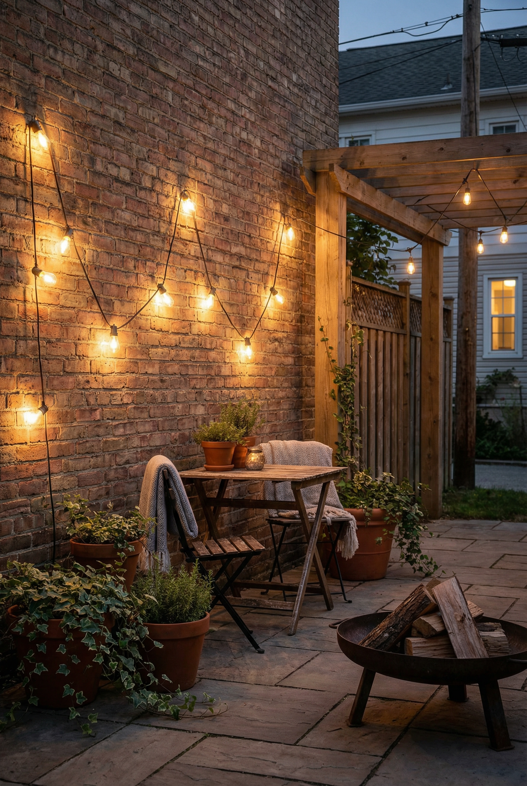 Brick garden wall with warm string lights, potted greenery, and a small table for instant outdoor ambiance