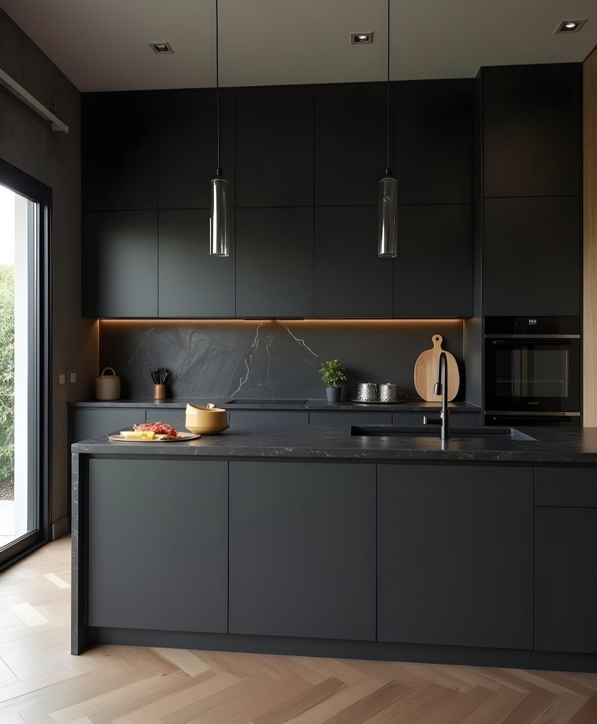 Matte black kitchen with veined slab backsplash and LED lighting