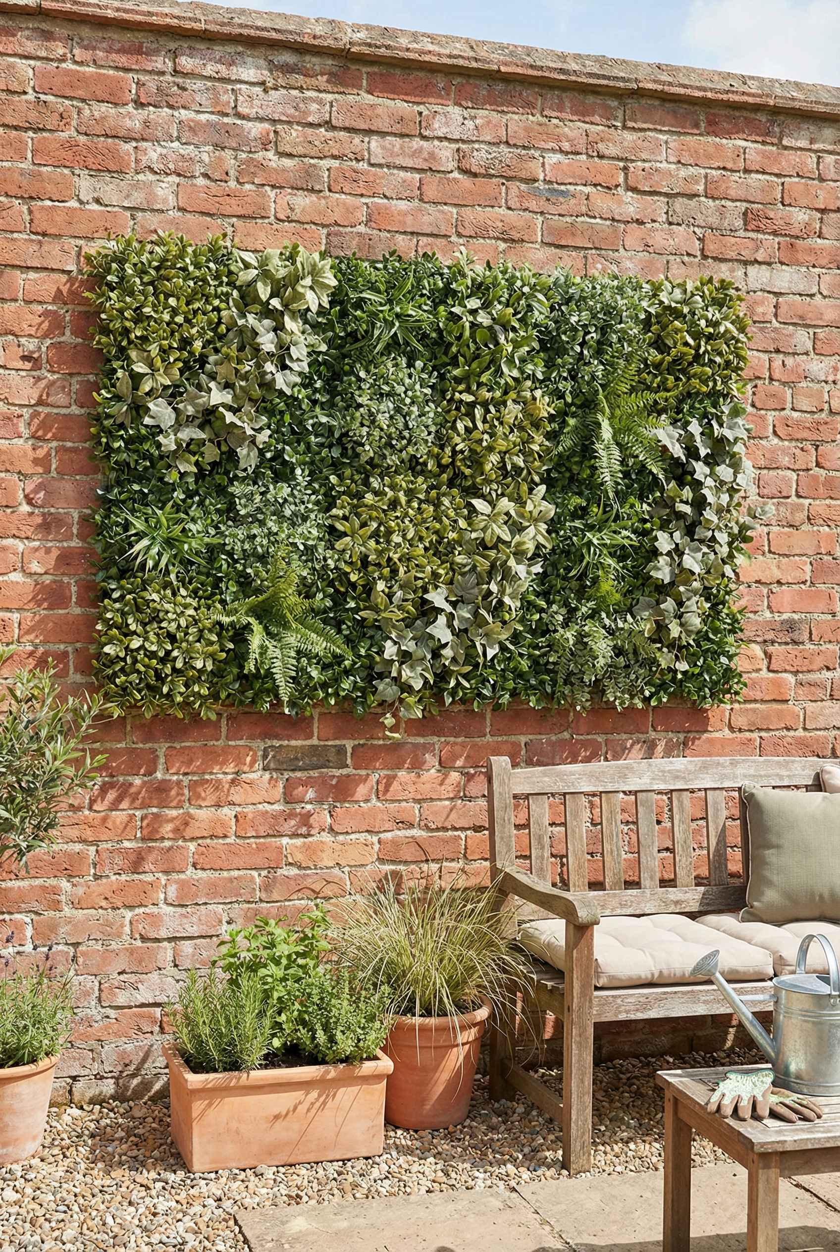 Faux greenery panel on a garden brick wall behind a bench for easy outdoor decor and garden wall ideas