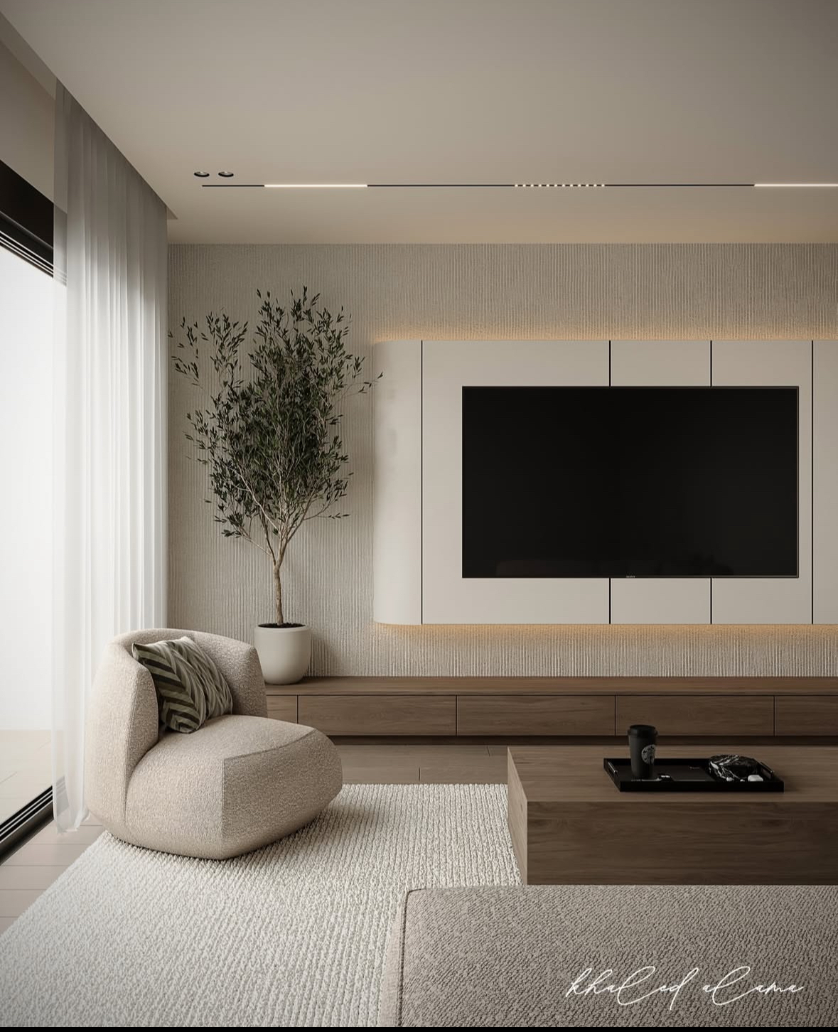 Framed screen above a slim console in a pale interior, perfect for saving to your living room tv wall decor ideas moodboard.