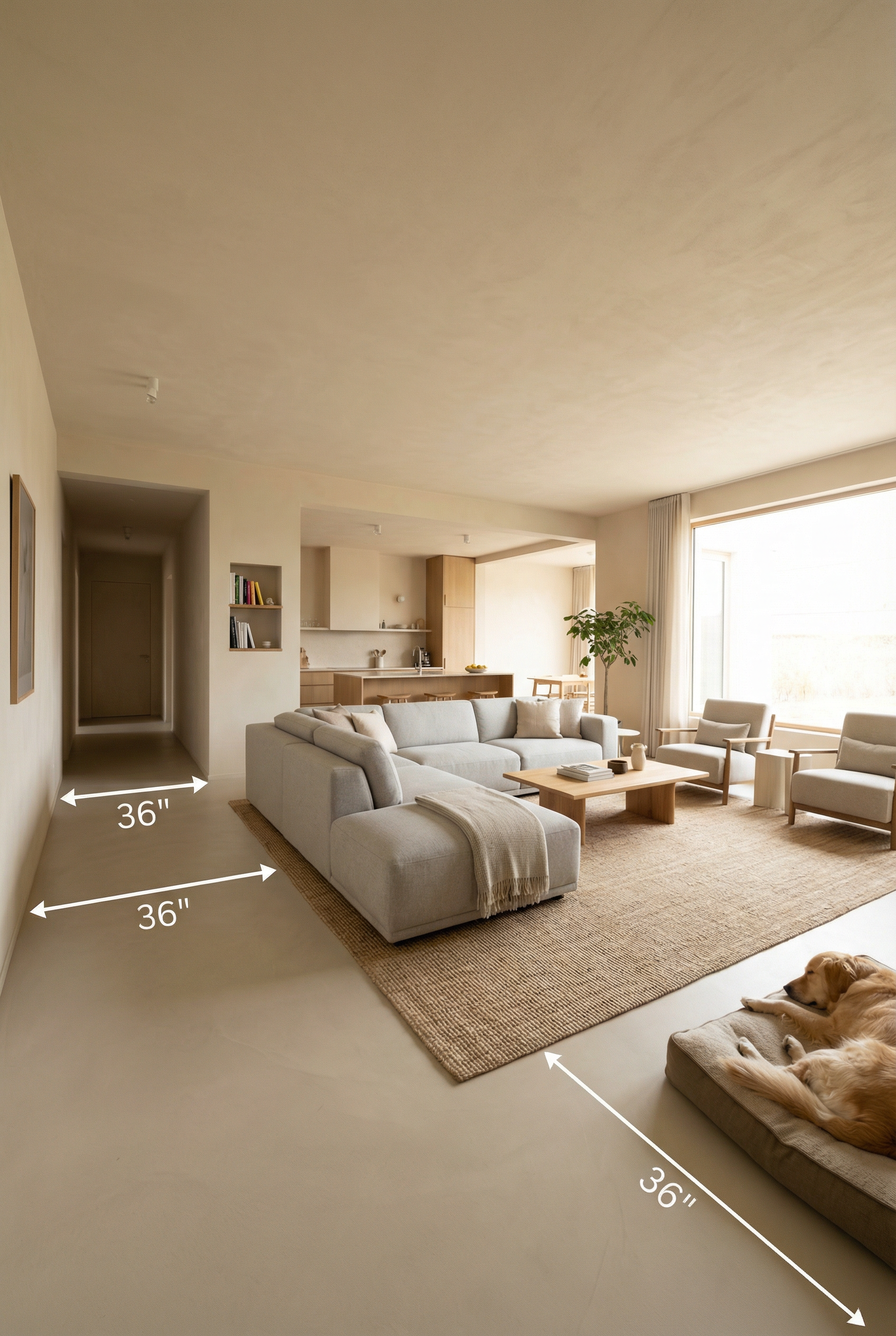 Functional living room layout showing 36-inch walking paths around a sectional for a clutter-free modern living room.