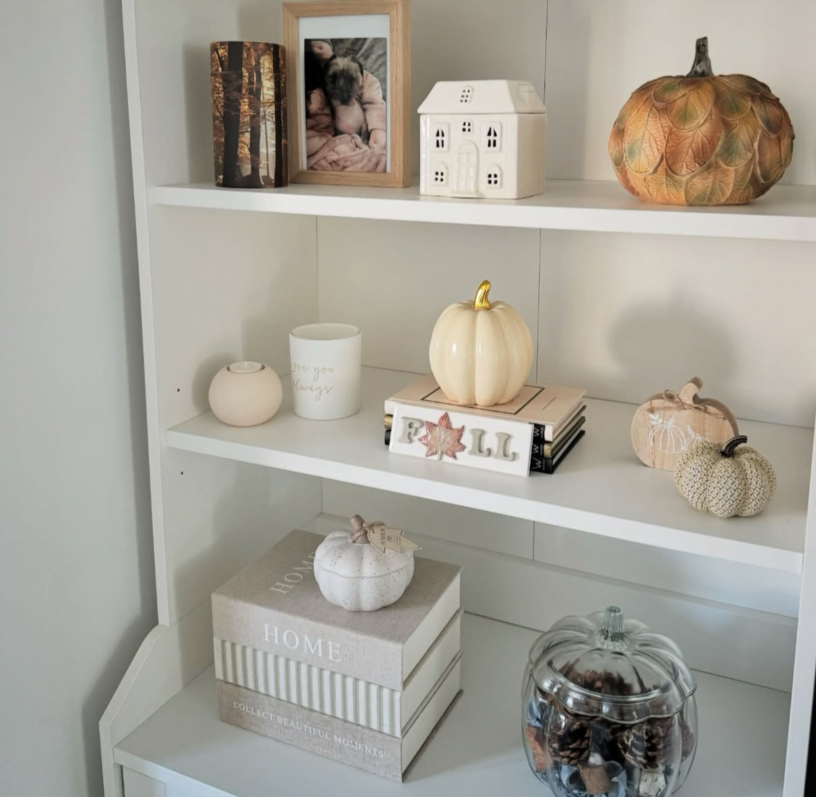 Soft neutral bookshelf with framed photo, ceramic house, pumpkins, decorative boxes, and a glass pumpkin jar of pinecones.