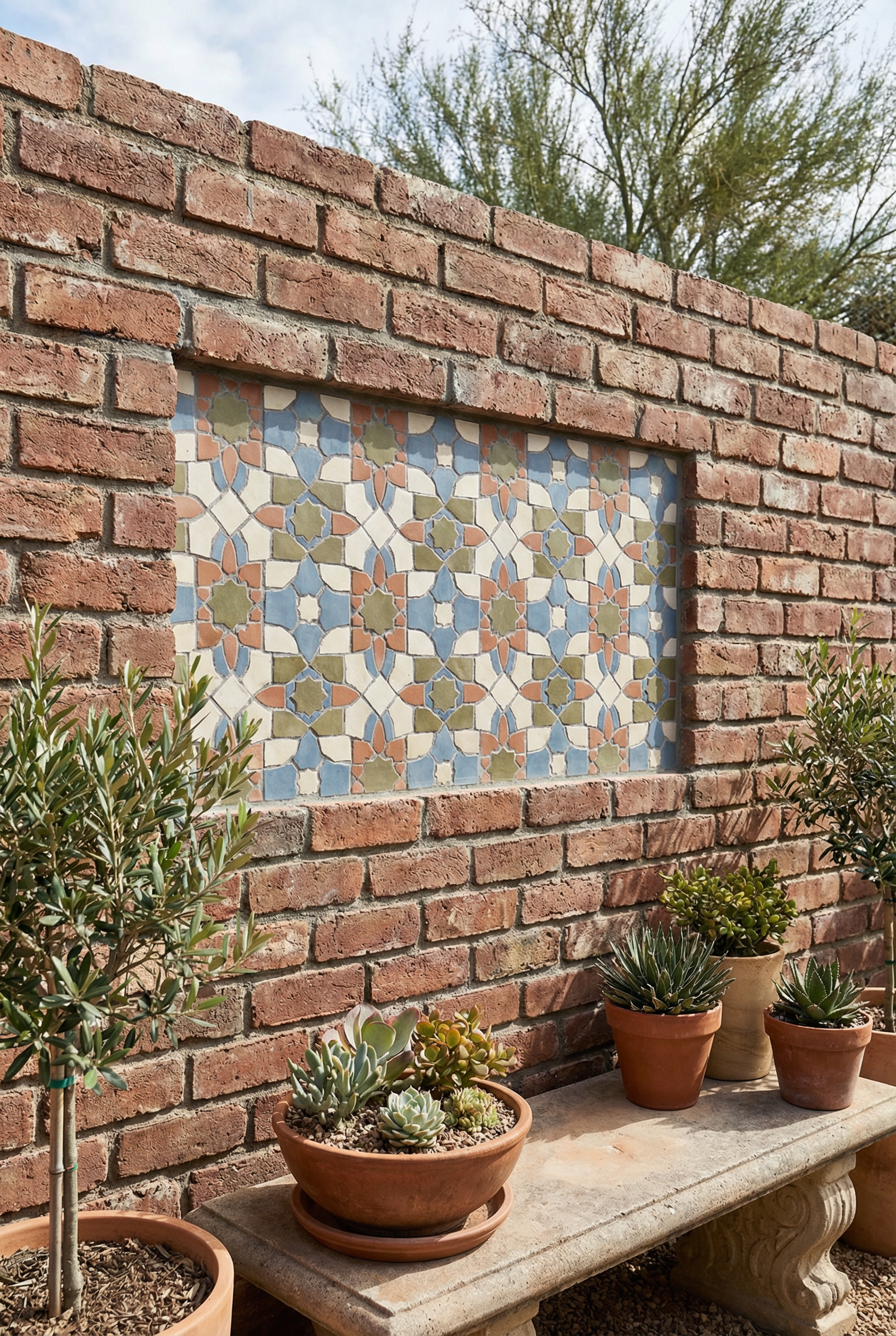 Mosaic tile inlay set into a brick wall with decorative tile accents, adding colorful outdoor decor above a garden bench