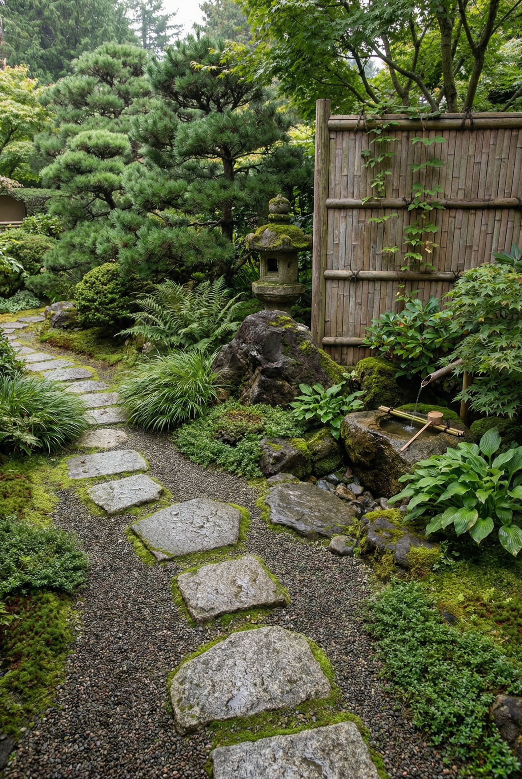 Japanese garden decor in a medium yard featuring stepping stones, moss groundcover, evergreen shrubs, and balanced stone accents.